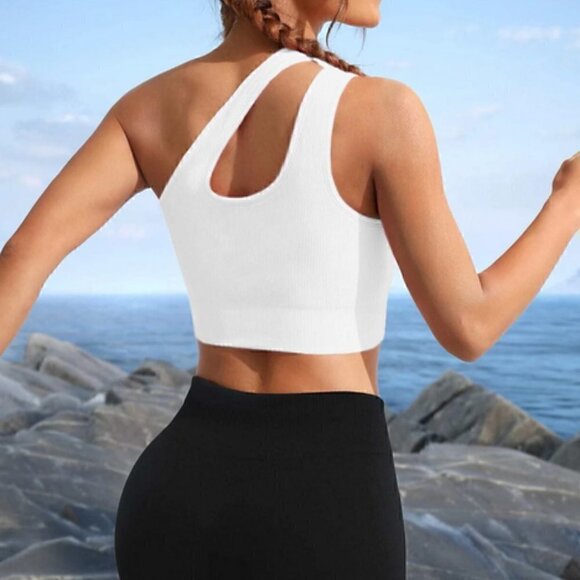 One Shoulder Cut Out Crop Sports Bra athleisure active white - Picture 2 of 5